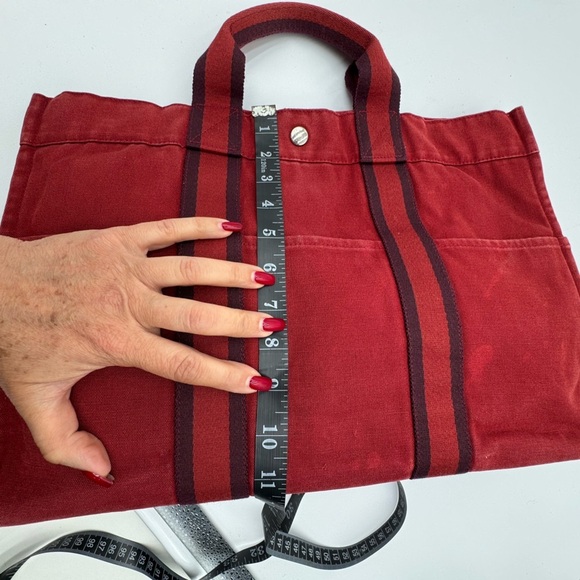 Authentic Hermes Large Tote Red Canvas w/Dark Black Stripes 16.5x12 - Picture 7 of 14